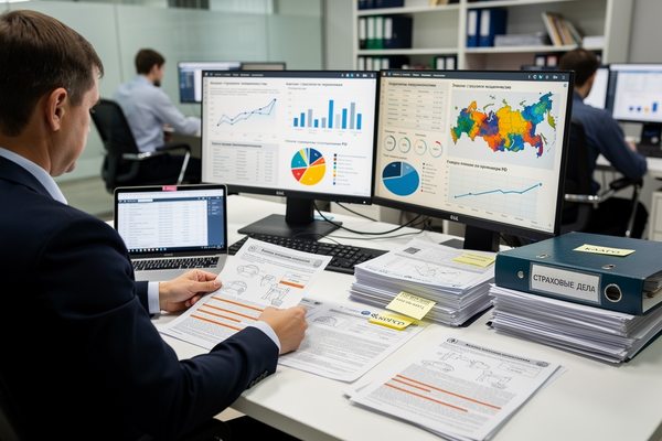 Аналитик изучает страховые дела и данные о мошенничестве на мониторах с графиками и картой регионов России