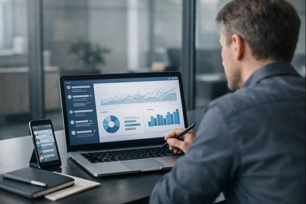 Анализ статистики Telegram-каналов: специалист изучает охваты и вовлеченность контента на экране ноутбука