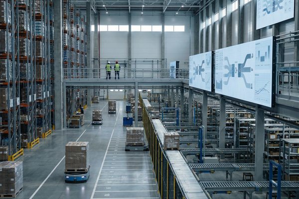 Современный автоматизированный склад с роботизированными тележками и цифровыми экранами управления логистическими потоками