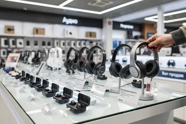 Покупатель выбирает беспроводные и накладные наушники на витрине магазина электроники во время высокого спроса в период распродаж