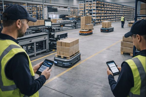 Автономные мобильные роботы и сотрудники с мобильными устройствами на современном складе