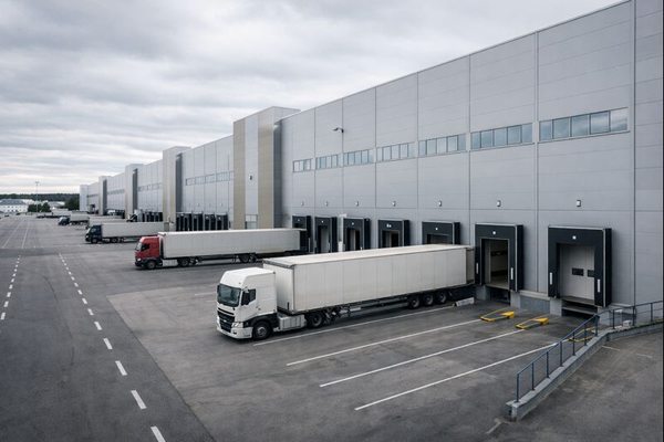 Современный логистический парк с погрузочными доками и грузовыми автомобилями в Московской области