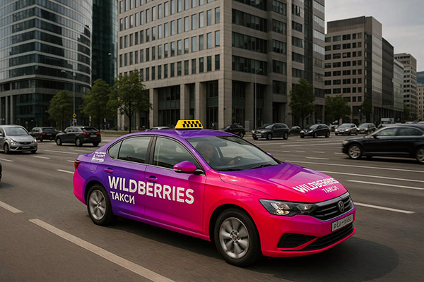 Автомобиль такси в фирменной цветовой гамме Wildberries на улице российского города: возможный выход маркетплейса на рынок пассажирских перевозок