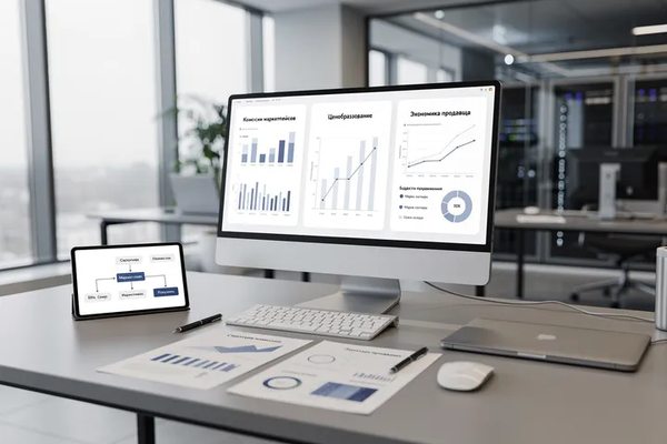 Рабочее место аналитика e-commerce с графиками по комиссиям, ценообразованию и экономике продавцов на мониторе, отражающее изменения модели Яндекс Маркета