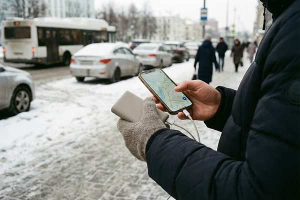 Житель российского города заряжает смартфон от пауэрбанка на улице в зимнюю погоду