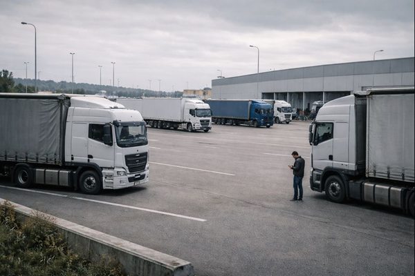 Грузовые автомобили на стоянке логистического терминала в условиях стагнации рынка автоперевозок в России