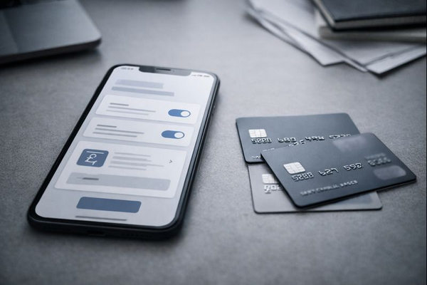 Смартфон с интерфейсом управления подписками и банковские карты — контроль автосписаний и онлайн-платежей