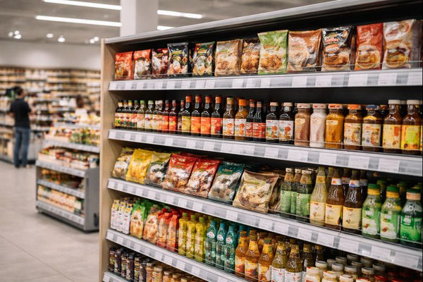 Полка супермаркета с ассортиментом азиатских продуктов как отражение роста спроса и изменений в цепях поставок ритейла