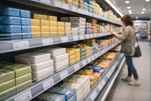 Полка супермаркета со сливочным маслом и ценниками — снижение продаж и рост цен в молочной категории