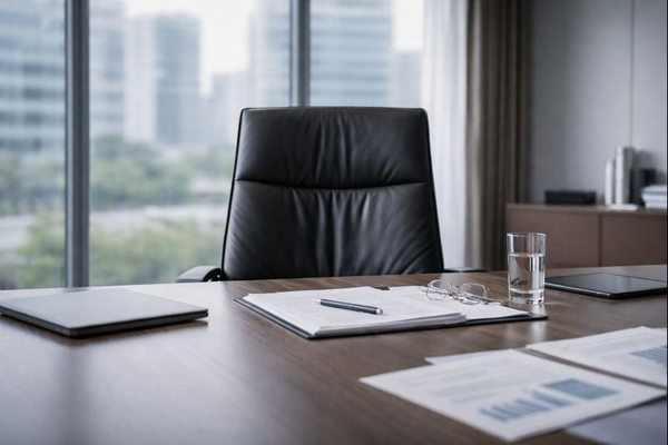 Пустое кресло генерального директора в офисе как символ ротации CEO и управленческой неопределённости в крупных компаниях