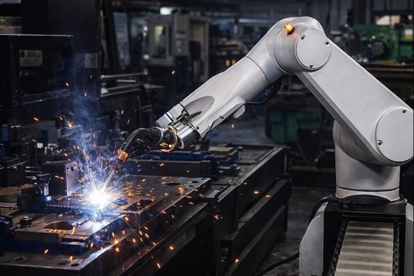 Промышленный робот выполняет сварочные операции на автоматизированном производстве — безлюдные цеха и влияние роботизации на цепочки поставок