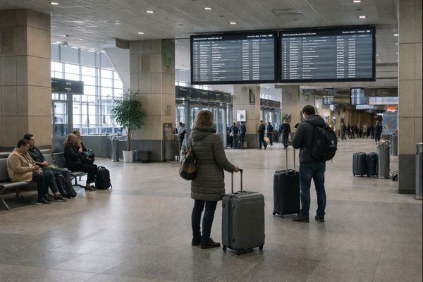 Пассажиры в зале ожидания аэропорта — снижение темпов внутреннего туризма и влияние на рынок перевозок в России