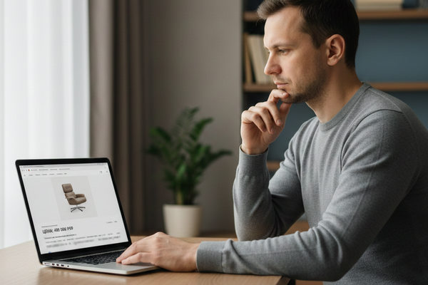 Покупатель изучает дорогой товар на маркетплейсе за ноутбуком — осознанный выбор покупки с высоким чеком онлайн