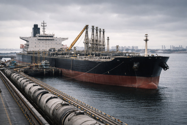 Нефтяной танкер у экспортного терминала — снижение экспортных цен на сырьё и давление на валютные потоки и логистику