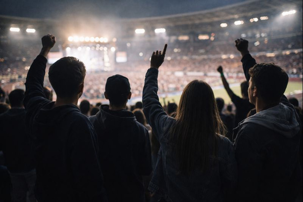 Молодые зрители на концерте или спортивном матче, иллюстрирующие тренд фан-вояжей и поездок поколения зумеров ради одного события