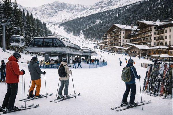 Горнолыжный курорт в России с работающим подъёмником и туристами на склоне, отражающий сезонный спрос и логистическую нагрузку в зимний период