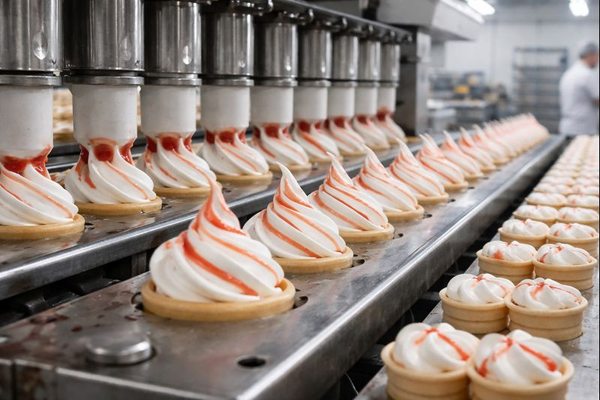 Производственная линия по выпуску мороженого на промышленном предприятии с автоматизированным оборудованием и элементами холодной логистики