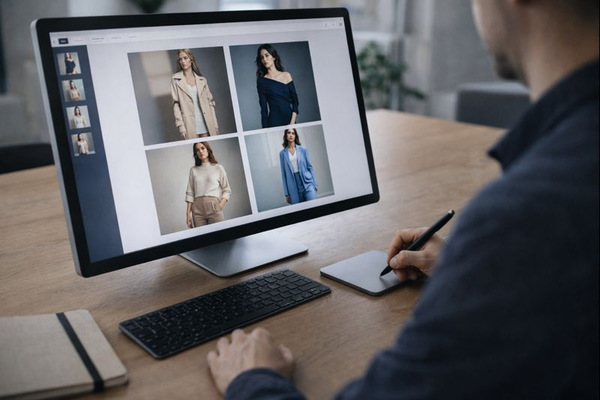 Создание fashion-контента с помощью ИИ: цифровые образы одежды на экране компьютера