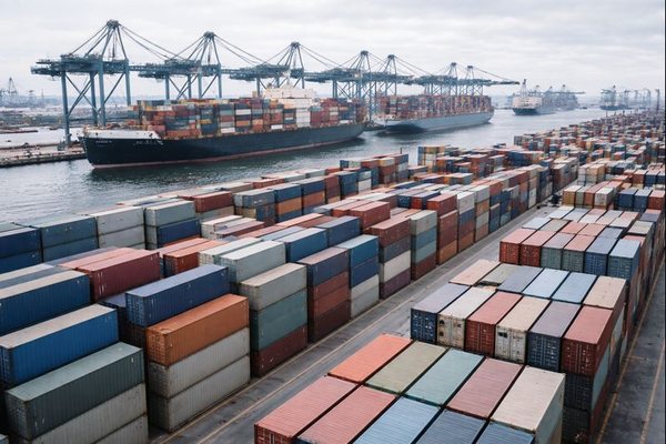 Контейнерный терминал с высокой загрузкой и судно на маршруте Азия — Европа перед Китайским Новым годом