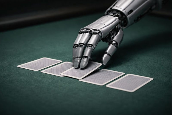 Биомеханическая рука, раскладывающая игральные карты на покерном столе, как метафора алгоритмического контроля и цифрового регулирования онлайн-казино