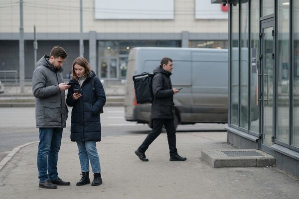 Покупатели и курьер используют смартфоны у пункта выдачи заказов, отражая влияние доставки и сервиса на лояльность клиентов в 2025 году