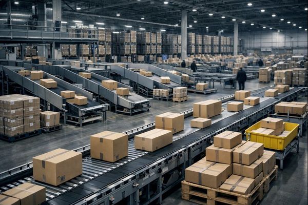 Сортировочный центр маркетплейса с конвейерами и коробками заказов: перестройка логистики и фулфилмента e-commerce в России в 2026 году