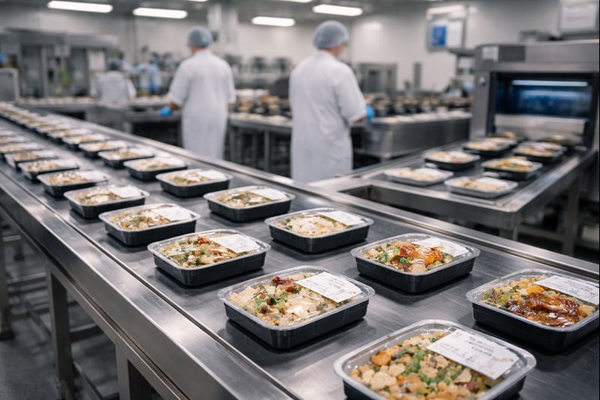 Производственная линия готовой еды с упакованными блюдами и маркировкой, отражающая усиление контроля качества и прослеживаемости в логистике