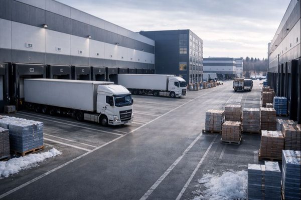 Логистический складской комплекс и грузовые автомобили у рамп: влияние налоговых изменений 2026 года на цепи поставок и логистику