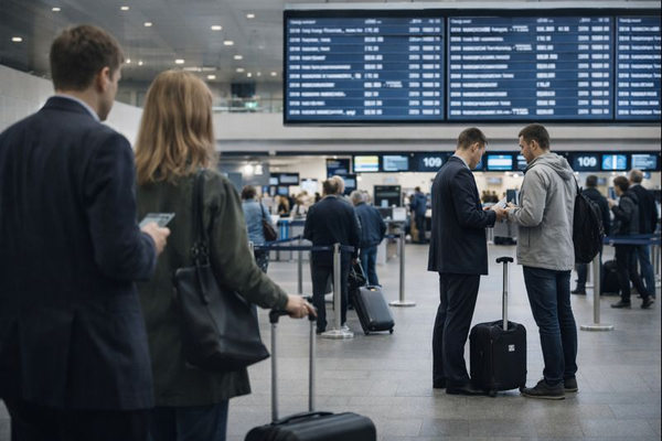 Пассажиры в зоне регистрации аэропорта перед информационными табло — иллюстрация новых правил авиаперевозок в России с марта 2026 года