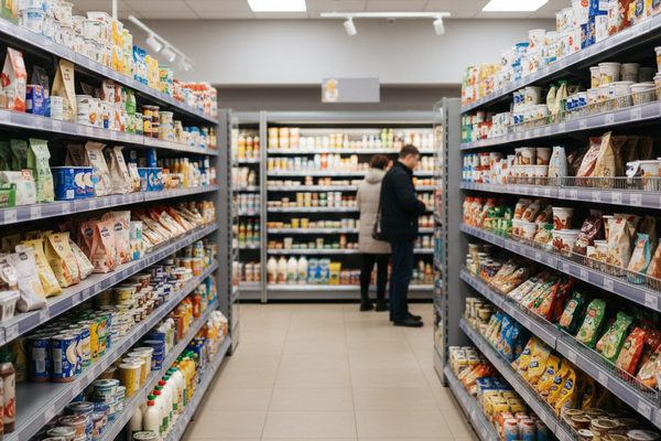 Полки продуктового магазина с оптимизированным ассортиментом как отражение новой стратегии ритейла и управления цепями поставок