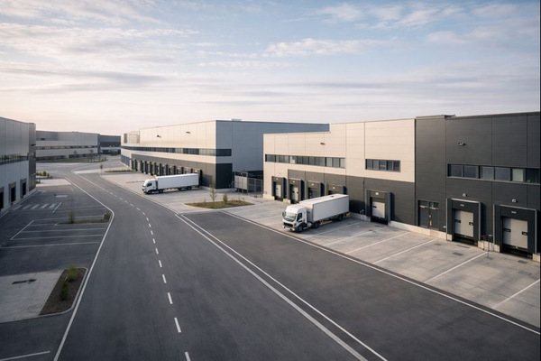 Современный индустриально-логистический комплекс формата light industrial и big box с доковыми воротами и грузовыми автомобилями, отражающий развитие рынка индустриальной недвижимости