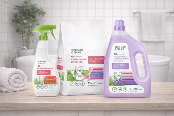 Средства для уборки дома под собственной торговой маркой «Зелёная линия» в ассортименте сети «Перекрёсток»