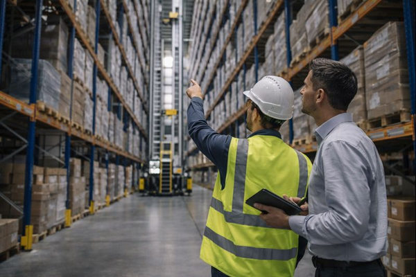 Специалисты на высотном складе с многоуровневыми стеллажами — автоматизация и вертикальное хранение AS/RS