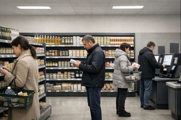 Покупатели в продуктовом магазине выбирают базовые товары: потребительская экономия и изменение спроса в России в 2026 году