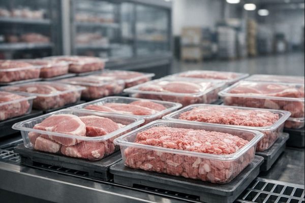 Охлаждённая свинина и мясные полуфабрикаты в промышленной упаковке на производстве и складе
