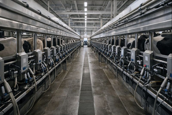 Автоматизированный доильный зал на современной молочной ферме в России как часть роста производства и самообеспеченности молоком в 2025 году