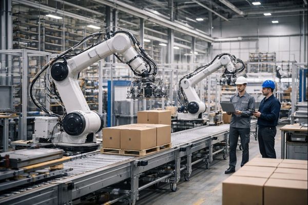 Промышленные роботизированные манипуляторы на производственной линии с участием инженеров в условиях роста рынка робототехники в России