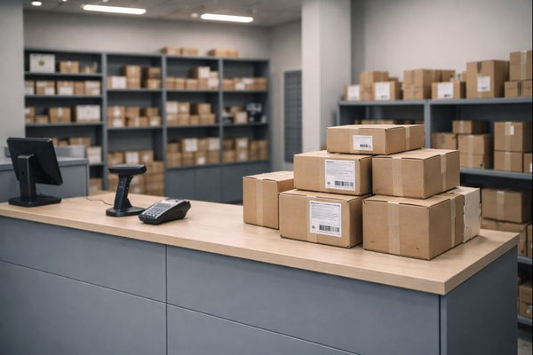 Пункт выдачи заказов маркетплейса с посылками и рабочим местом оператора, отражающий контроль, стандартизацию и проверку партнёров в логистике