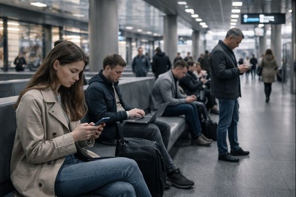 Пассажиры в общественном пространстве используют смартфоны и ноутбуки, подключаясь к публичному Wi-Fi при высокой нагрузке на сети