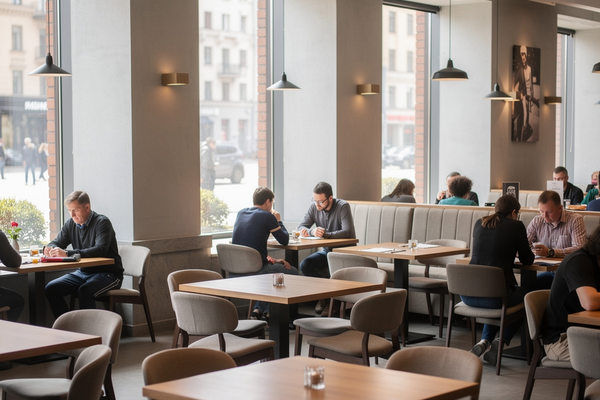 Полупустой зал городского ресторана днём как отражение снижения трафика и рационализации спроса в московском общепите