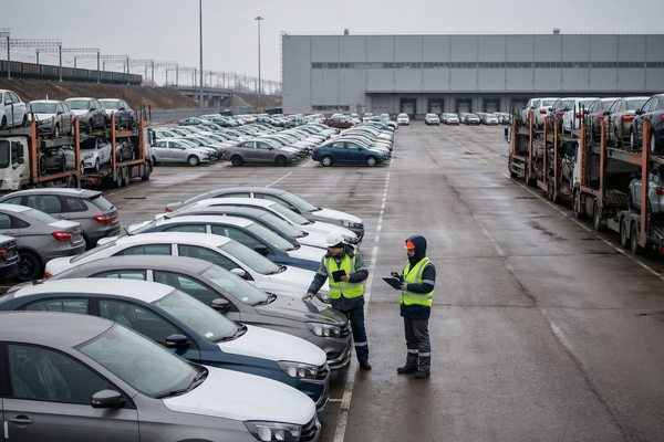 Стоянка новых легковых автомобилей и автовозы на логистическом терминале на фоне снижения продаж на российском авторынке в 2025 году