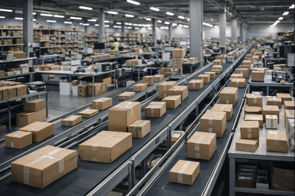 Фулфилмент-центр e-commerce в России: сортировочные линии и коробки с онлайн-заказами, отражающие рост транзакций и усложнение логистики