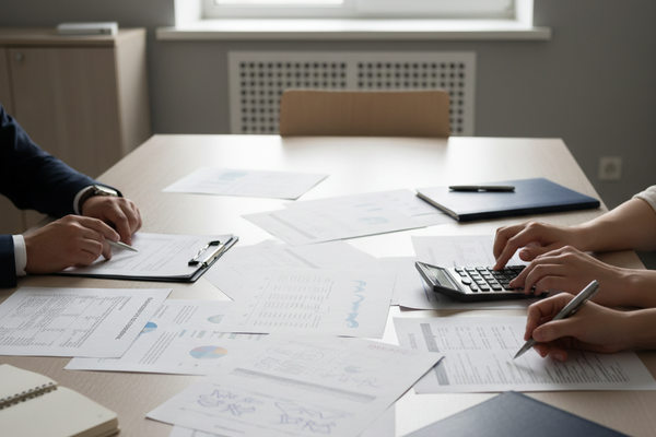 Деловое совещание с финансовыми расчётами как символ поиска баланса между ростом издержек и ограничениями на повышение цен