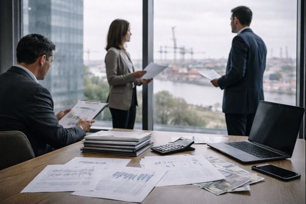 Менеджеры обсуждают финансовые расчёты и валютные риски в офисе на фоне ожиданий ослабления рубля в 2026 году