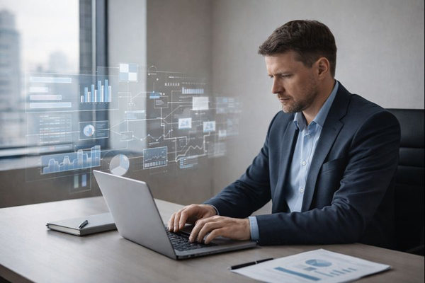 HR-директор анализирует данные за ноутбуком с цифровыми интерфейсами — трансформация управления персоналом и роль ИИ в HR