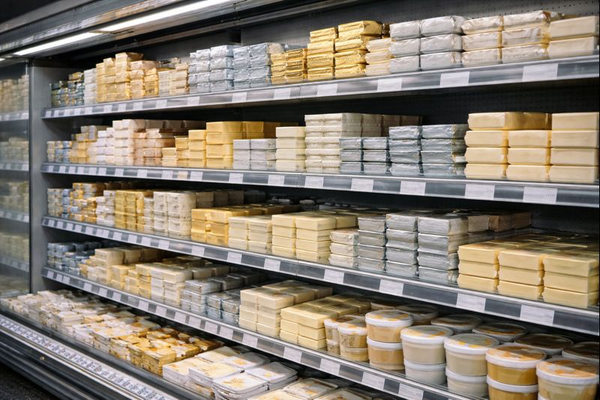 Полка супермаркета с плотной выкладкой сливочного масла и молочной продукции на фоне снижения спроса и роста запасов в 2025 году