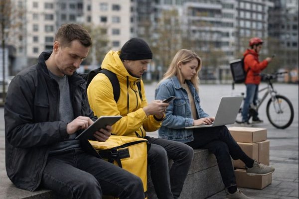 Самозанятые исполнители и курьеры используют цифровые устройства для работы в городской среде на фоне роста доходов и занятости в доставке