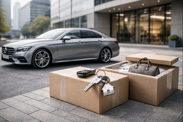 Автомобиль, коробки с покупками и ключи как символ крупных онлайн-покупок через маркетплейс