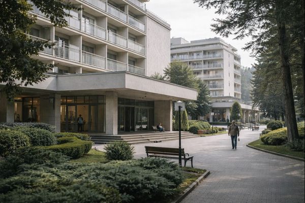 Территория санаторно-курортного комплекса с жилыми корпусами и прогулочной зоной на фоне сокращения числа санаториев в России