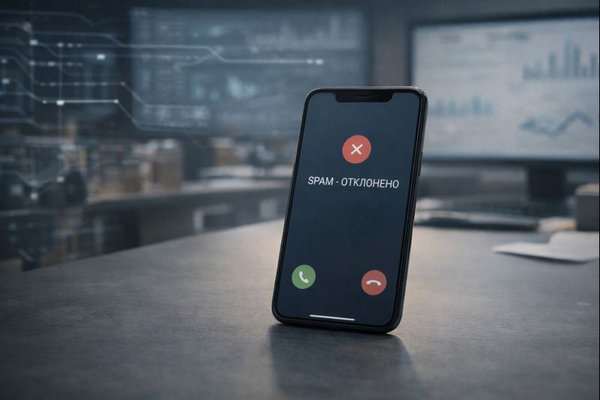 Смартфон с уведомлением о блокировке спам-звонка на фоне аналитических экранов — иллюстрация снижения нежелательных звонков в России